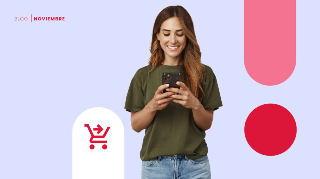 Chica joven con el celular en la mano haciendo una compra- aumenta tus ventas