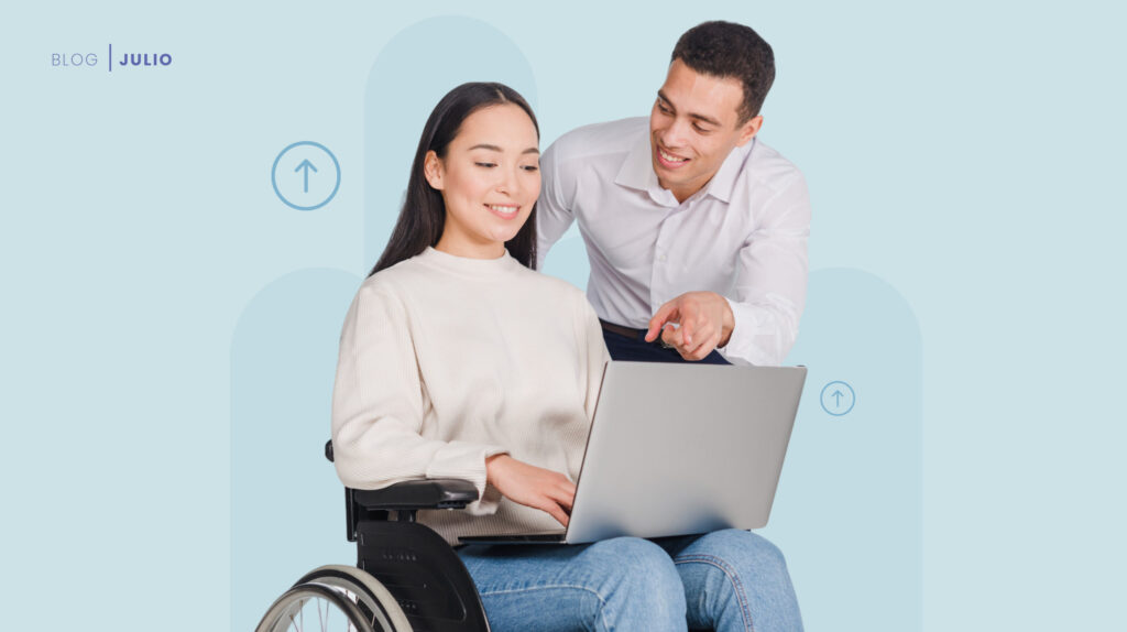 Niña en silla de ruedas, buscando sobre empresa